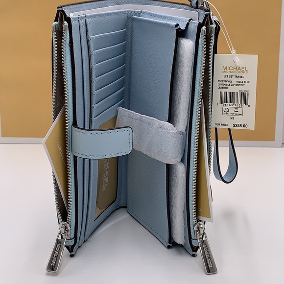 MICHAEL KORS LG DOUBLE ZIP WRISTLET Phone Case Holder Wallet Vista Blue - Picture 11 of 14